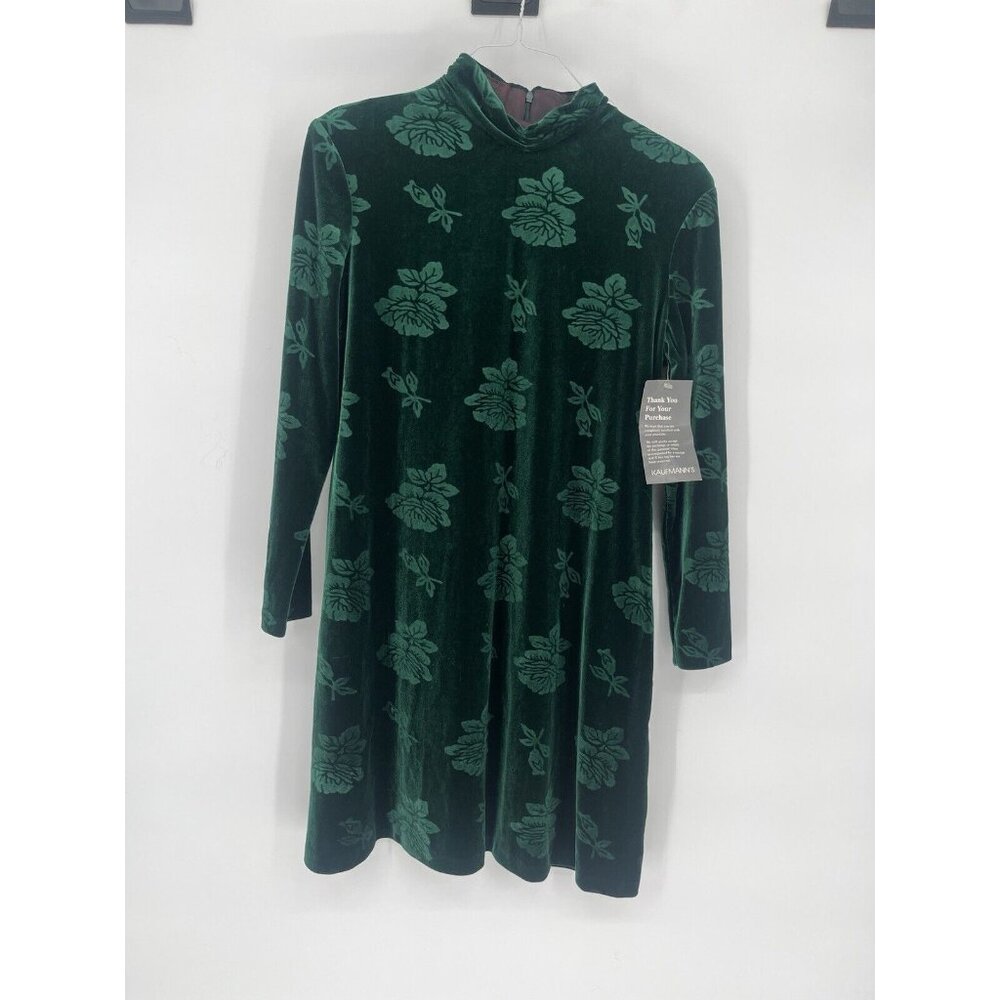 CITI‎ DRESS Vintage 80s EUC Women's Size 14 Green Velvet Rose Imprint Dress